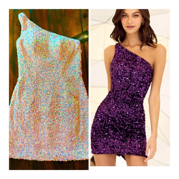 Sherri Hill Baby Pink Sequin One Shoulder Mini Dress 55116 NWT - Picture 1 of 14